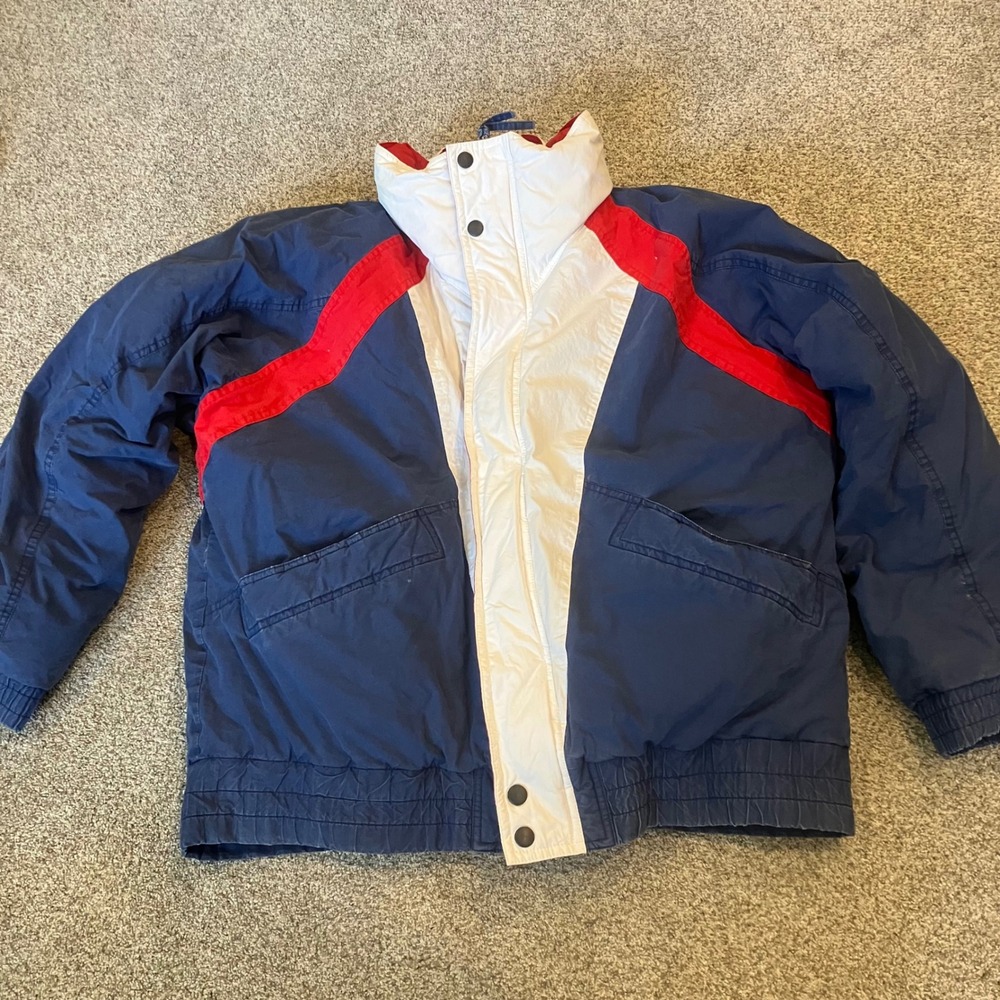 Vintage Gant Down Puffer Jacket Navy Red White American Flag Patch Hood Mens L